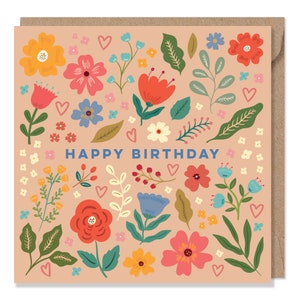 Pretty Flowers and Hearts Birthday Card Birthday Card for Her Floral Card Can post to recipient with personal message image 4