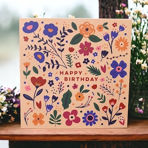 Pretty Wildflowers and Leaves Birthday Card Floral Folk Card Can post to recipient with personal message image 1