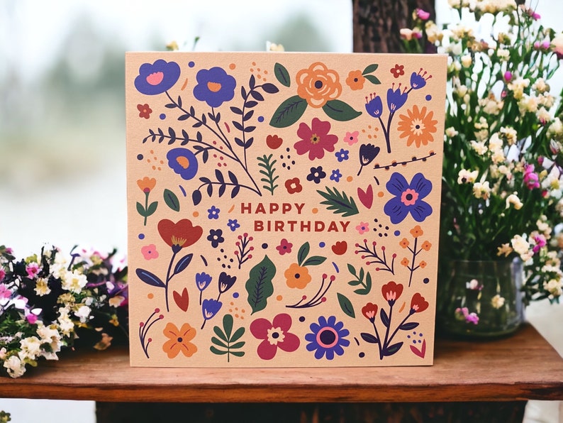 Pretty Wildflowers and Leaves Birthday Card Floral Folk Card Can post to recipient with personal message image 1