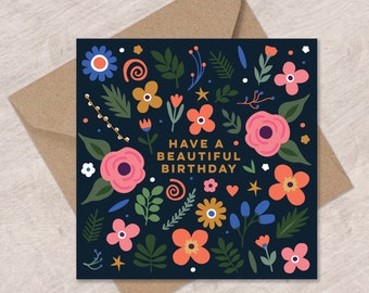 Pretty Folk Flowers Birthday Card | Birthday Card for Her | Floral Card | Can post to recipient with personal message