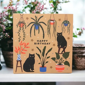 Cats and House Plants Happy Birthday card | Cats and Plants Card | Cat Lover card | Can post to recipient with personal message