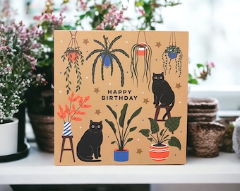 Cats and House Plants Happy Birthday card | Cats and Plants Card | Cat Lover card | Can post to recipient with personal message