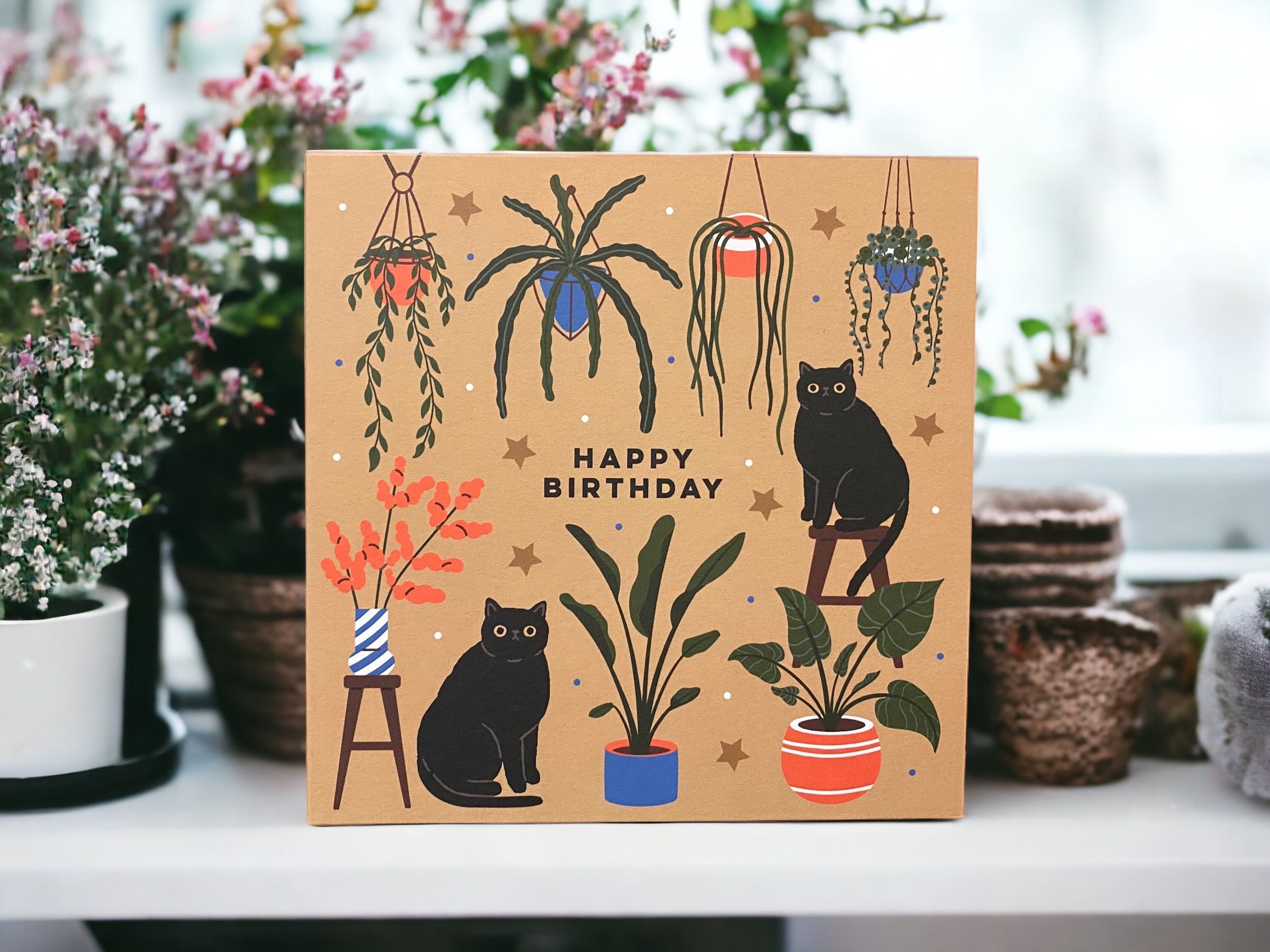 Cats and House Plants Happy Birthday card | Cats and Plants Card | Cat Lover card | Can post to recipient with personal message