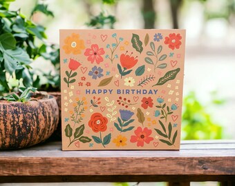 Födelsedagskort med vilda blommor och hjärtan | Blommigt gratulationskort