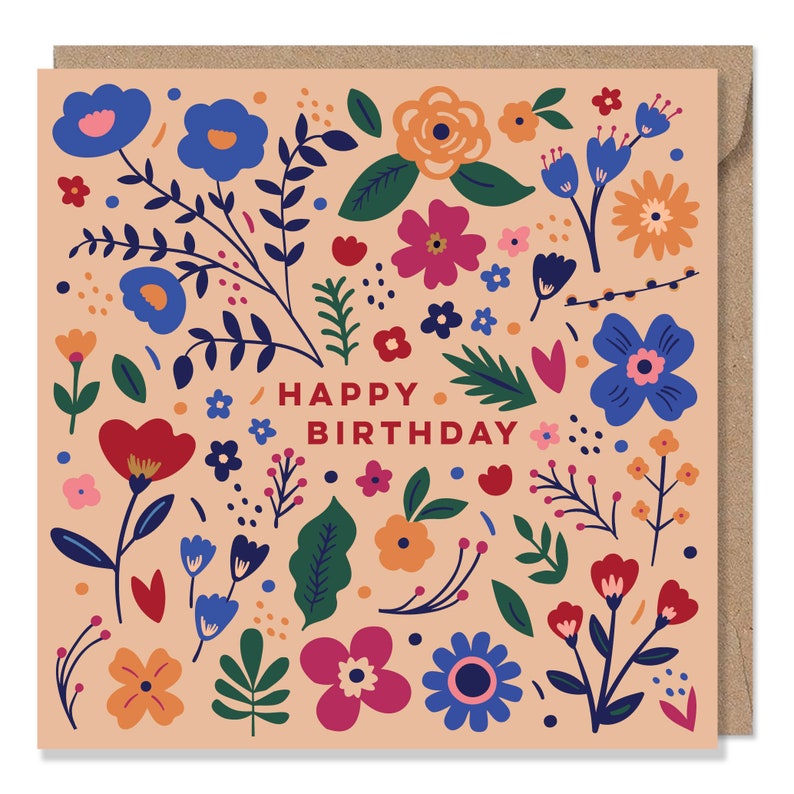 Pretty Wildflowers and Leaves Birthday Card Floral Folk Card Can post to recipient with personal message image 4