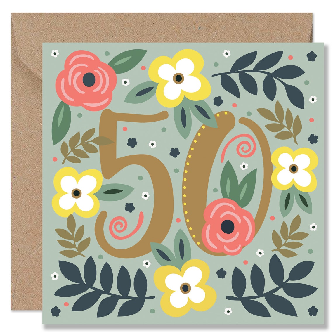 Flowers and Leaves 50th Birthday Card Happy 50th Birthday | Etsy