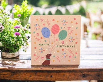 Hond en ballonnen Happy Birthday kaart | Hondenfeestkaart l Hondenliefhebberkaart | Kan naar de ontvanger worden verzonden met een persoonlijk bericht