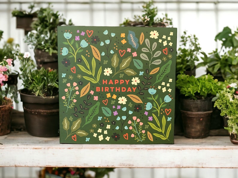 Pretty Wildflowers and Hearts Birthday Card Birthday Card for Her Floral Card Can post to recipient with personal message image 1