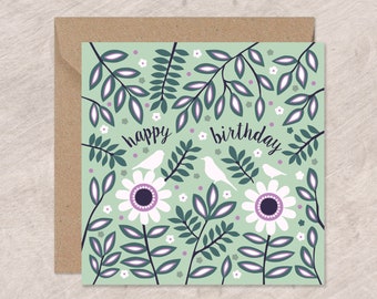 Flowers and Birds Birthday Card, Floral Birthday Card, Flowers Birthday Card | Can post to recipient with personal message