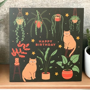 Happy Birthday card with house plants and cats | Cats and Plants Card | Can post to recipient with personal message