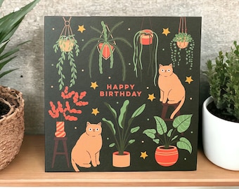 Happy Birthday card with house plants and cats | Cats and Plants Card | Can post to recipient with personal message