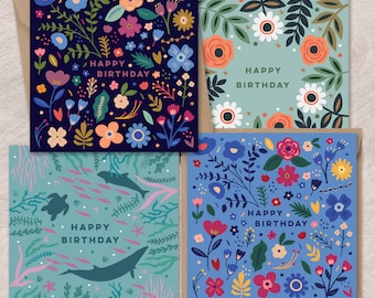 Floral Birthday Card Set | Colorful Greeting Cards, Kraft Envelopes
