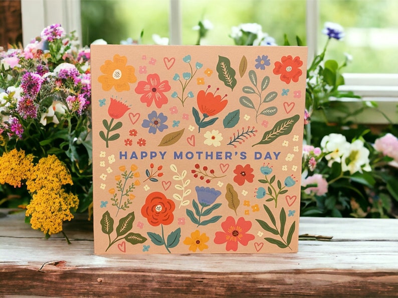 Pretty Flowers and Hearts Mothers Day Card Pretty Card for Mum Can post to recipient with personal message image 2