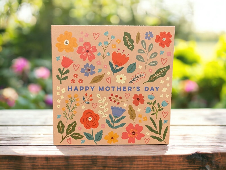 Pretty Flowers and Hearts Mothers Day Card Pretty Card for Mum Can post to recipient with personal message image 1