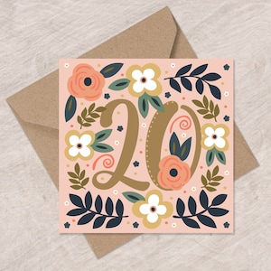 20e anniversaire de fleurs et de feuilles | Joyeux 20e anniversaire | Peut poster au destinataire avec un message personnel