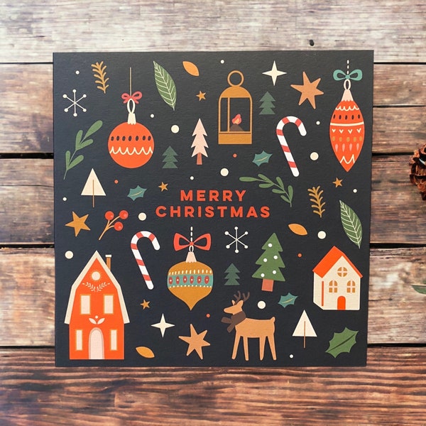 Pack of Luxury Folk Christmas Trees, Baubles, and Leaves Christmas Cards | Christmas Card Pack | Christmas Cards