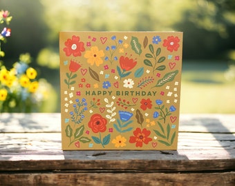 Pretty Wildflowers and Hearts Birthday Card | Birthday Card for Her | Floral Card | Can post to recipient with personal message