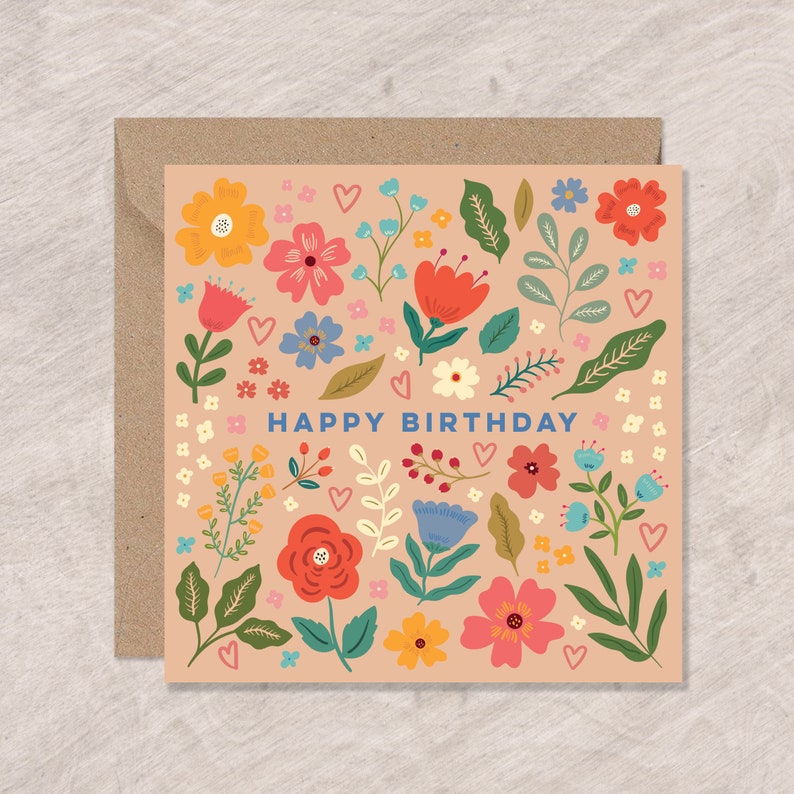 Pretty Flowers and Hearts Birthday Card Birthday Card for Her Floral Card Can post to recipient with personal message image 3