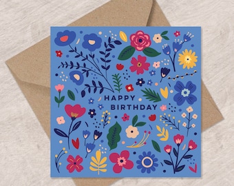 Joyful Folk Flowers Birthday Card | Birthday Card | Floral Card | Can post to recipient with personal message