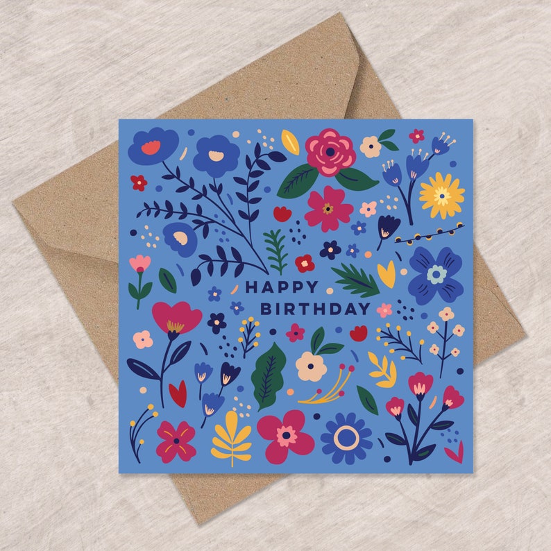 Carte d'anniversaire de fleurs folkloriques joyeuses carte d'anniversaire florale Peut envoyer au destinataire avec un message personnel image 1