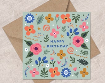 Pretty Flowers Birthday Card | Pretty Folk Floral Birthday Card | Can post to recipient with personal message