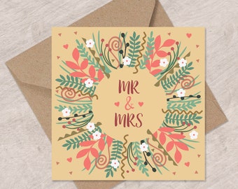 Mr & Mrs Flowers and Swirls Wedding Card | Can post to recipient with personal message