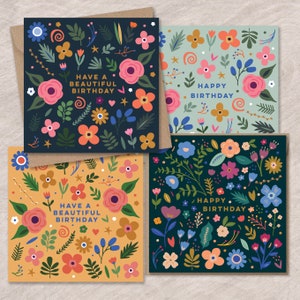 Lot de cartes d'anniversaire fleurs et feuilles folkloriques | Ensemble de cartes d'anniversaire | de cartes d'anniversaire | Cartes d'anniversaire florales | Des cartes d'anniversaire colorées