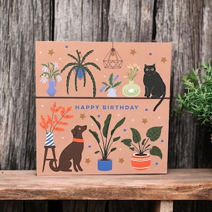 Carte de joyeux anniversaire chat, chien et plantes d'intérieur | pour amoureux des animaux et des plantes | Peut poster au destinataire avec un message personnel