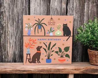 Kat, hond en kamerplanten Happy Birthday kaart | Dieren- en plantenminnaarkaart | Kan naar de ontvanger worden verzonden met een persoonlijk bericht