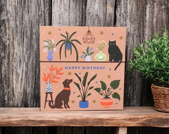 Grattis på födelsedagen-kort för katt, hund och krukväxt