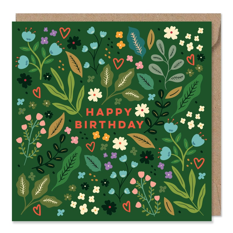 Pretty Wildflowers and Hearts Birthday Card Birthday Card for Her Floral Card Can post to recipient with personal message image 4