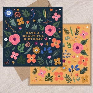 Pretty Folk Flowers-verjaardagskaarten: twee kaarten | Verjaardagskaarten voor haar | Bloemenkaarten | Kan met persoonlijk bericht naar de ontvanger verzenden
