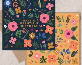 Blommiga födelsedagskort med folkmotiv - Set om 2, botanisk design