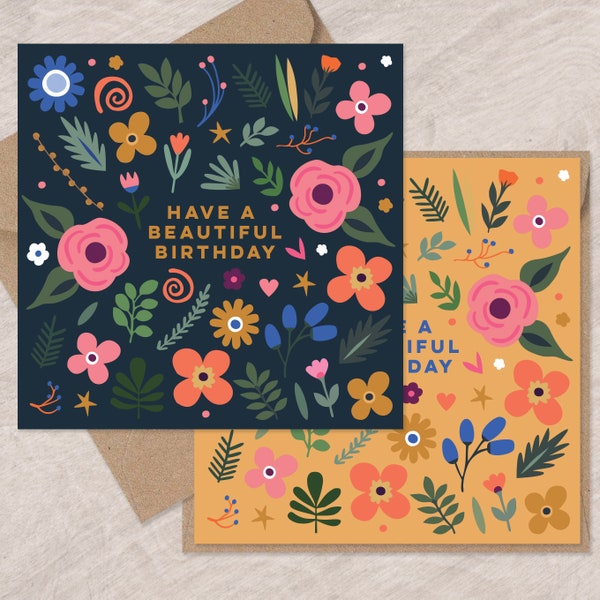 Pretty Folk Flowers Birthday Cards - two cards | Birthday Cards for Her | Floral Cards | Can post to recipient with personal message