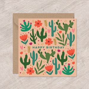 Funky verjaardagskaart cactus en bloemen | Happy Birthday Cactus-kaart | Kan met persoonlijk bericht naar de ontvanger verzenden