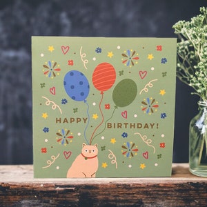 Carte de joyeux anniversaire chat et ballons | de fête de chat | Carte pour amoureux des chats | Peut envoyer au destinataire avec un message personnel
