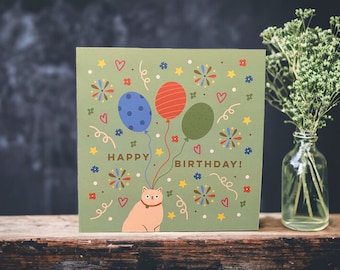 Cat and Balloons Happy Birthday card | Cat Party Card | Cat Lover card | Can post to recipient with personal message