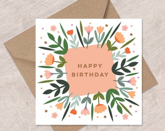 Leaves and Flowers Birthday Card | Floral Birthday Card | Pretty Birthday Card | Can post to recipient with personal message