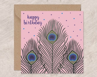 Peacock Feathers Birthday Card | Pretty Pink Birthday Card | Can post to recipient with personal message | Charity donation