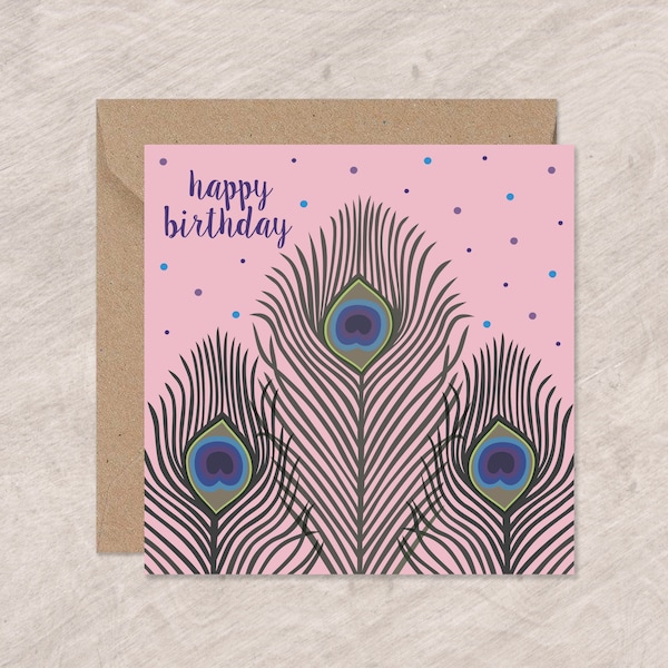 Peacock Feathers Birthday Card | Pretty Pink Birthday Card | Can post to recipient with personal message | Charity donation