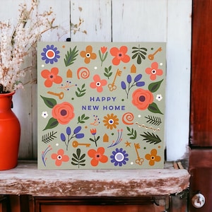 Happy New Home Folk-kaart met bladeren en sleutels | Happy New Home-kaart | Kan met persoonlijk bericht naar de ontvanger verzenden