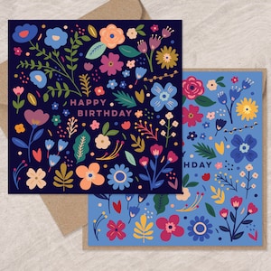 Pretty Folk Flowers-verjaardagskaarten: twee kaarten | Verjaardagskaarten voor haar | Bloemenkaarten | Kan met persoonlijk bericht naar de ontvanger verzenden