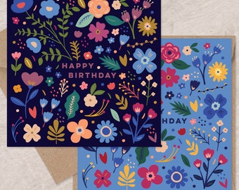 Mooie volksbloemen verjaardagskaarten - twee kaarten | Verjaardagskaarten voor haar | Bloemenkaarten | Kan naar de ontvanger worden verzonden met een persoonlijk bericht