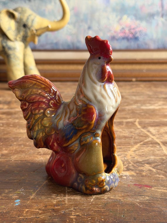 Vintage Hand-Painted Ceramic Rooster Sponge Holder | Farmhouse Kitchen Decor