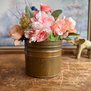 Cache-pot vintage en laiton et cuivre | Pot de fleurs patiné style milieu du siècle