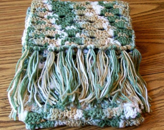Green Tan White Acrylic Fringe, Handmade, Crochet Winter Scarf