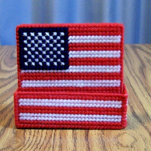 Plastic Canvas Coasters, Flag Drink Coasters with Holder, Pattern, Patriotic Coasters, Handmade, Cross Stitch, Gift for Her, Gift for Him,