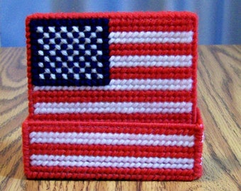 USA Flag Drink Coasters with Holder: Handmade, Patriotic, Home Decor, Plastic Canvas