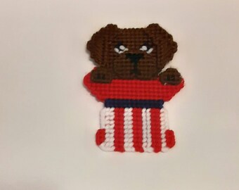 Chocolate Dog Patriotic, Patriotic Hat, Magnet, Fridge, Needlecraft, Handmade, Kitchen Decor,  Cross Stitch, Gift, Holiday, Plastic Canvas