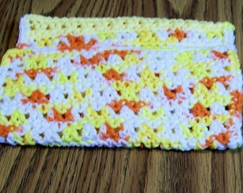 Crochet Washcloth, Set of 2, Yellow, Rust and White, Handmade Facecloth, Cotton Dishcloths,